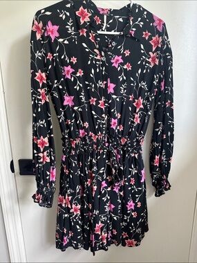 Free People Black Long-Sleeve Floral Smocked-Waist Dress Pink Accents  Size XS